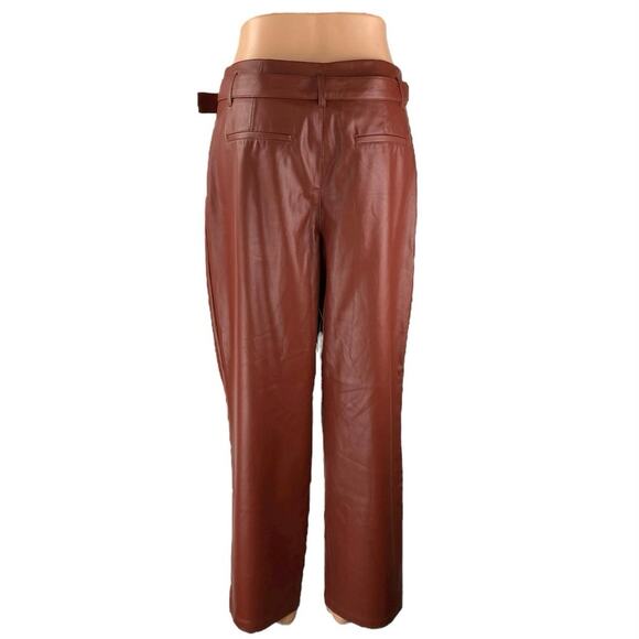 Who What Wear Brown High Rise Faux Leather Vegan Belted Pleated Trousers Pants 6 - Picture 3 of 4
